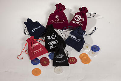 branded velvet bag filled with tokens branded velvet bags filled with jetons